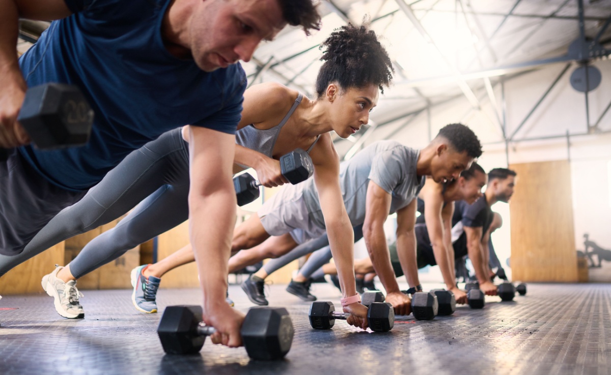 A group of people lined up in a plank position as they lift weights in a rowing motion